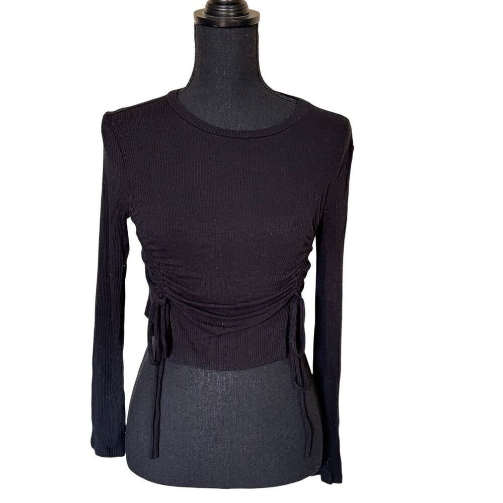 Fashion Nova Black Ribbed Crew Neck Ruched top with Drawstrings Long Sleeve High